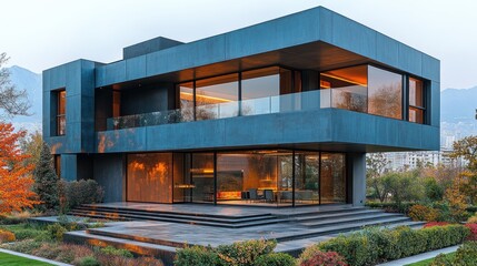 Obraz premium Modern luxury home with large windows, sleek design, and expansive outdoor space.