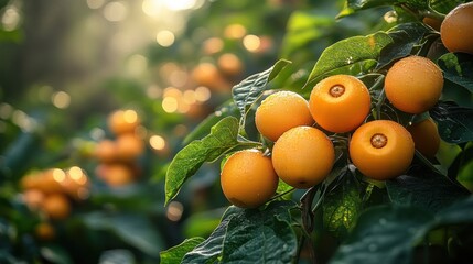 Ripe kumquats on a branch in an orchard at sunrise.