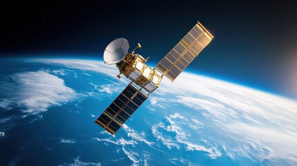 A satellite orbiting Earth transmitting high speed internet signals.