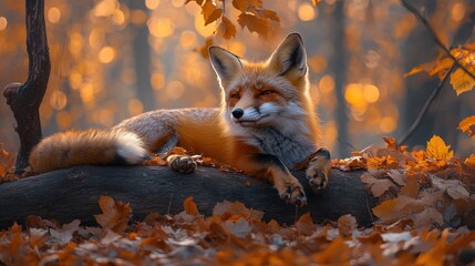 Fototapeta premium Red fox resting on fallen log in autumn forest.