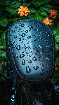 Rain drops on a dark motorcycle seat.