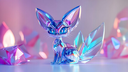 Iridescent Crystalline Fox Figurine Featuring Geometric Details with a Gradient Purple and Pink Background in a Studio Setting