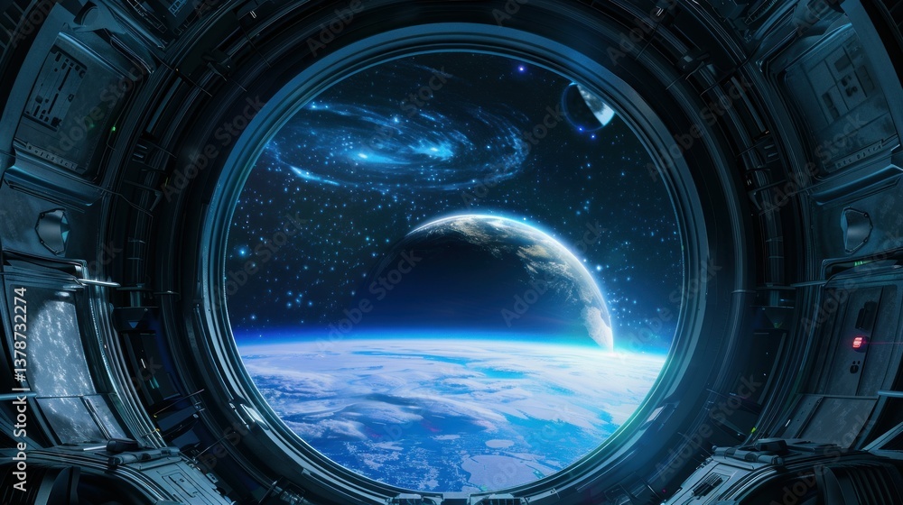 Poster a futuristic spacecraft window showing outer space and distant planets.