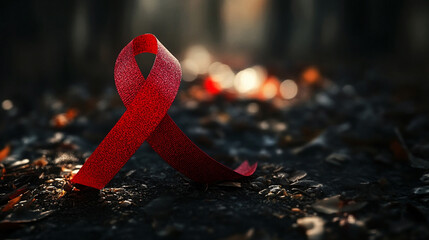 Red AIDS Awareness Ribbon on Dark Forest Ground Symbolic Stock Photo