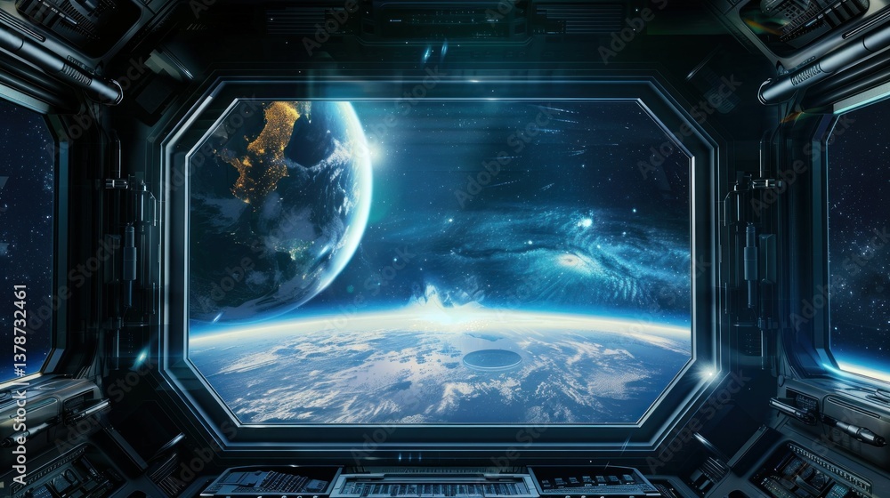 Poster a futuristic spacecraft window showing outer space and distant planets.