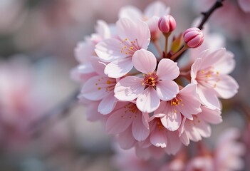 A close up view of a cluster of pink cherry blossoms with buds on a branch in soft light