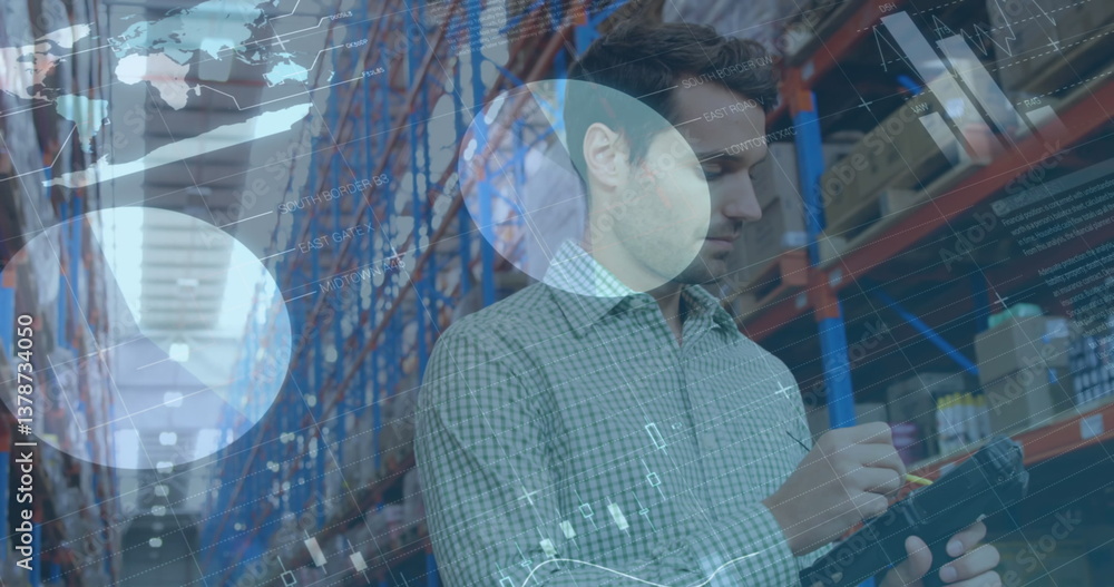 Poster image of statistics and financial data processing over man working in warehouse