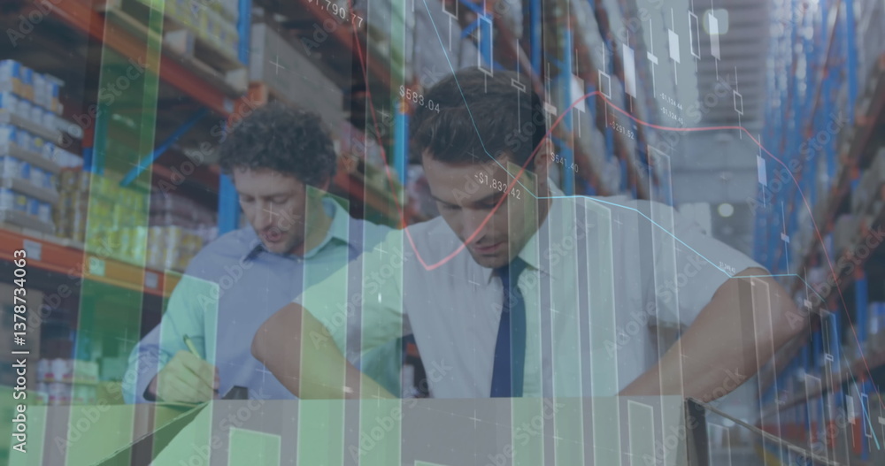 Poster image of statistics and financial data processing over men working in warehouse