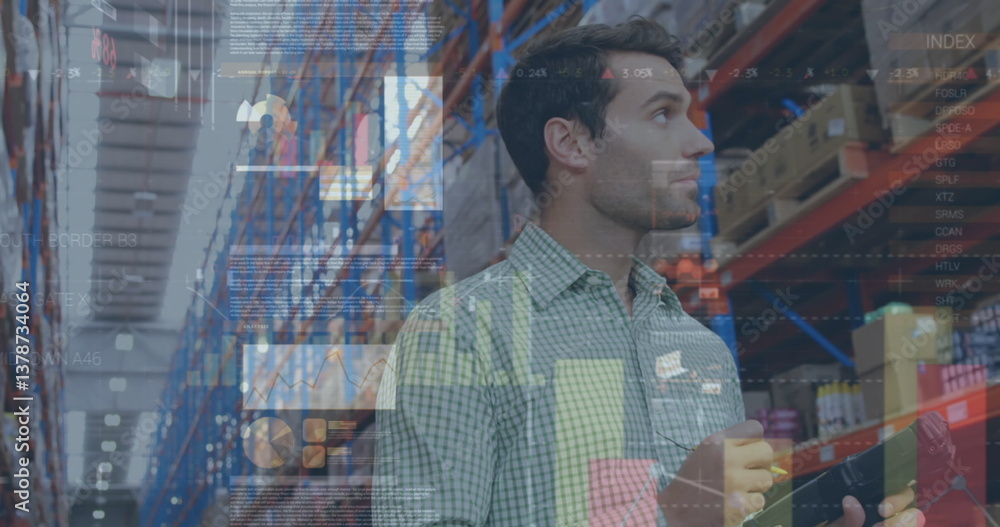 Poster image of statistics and financial data processing over man working in warehouse