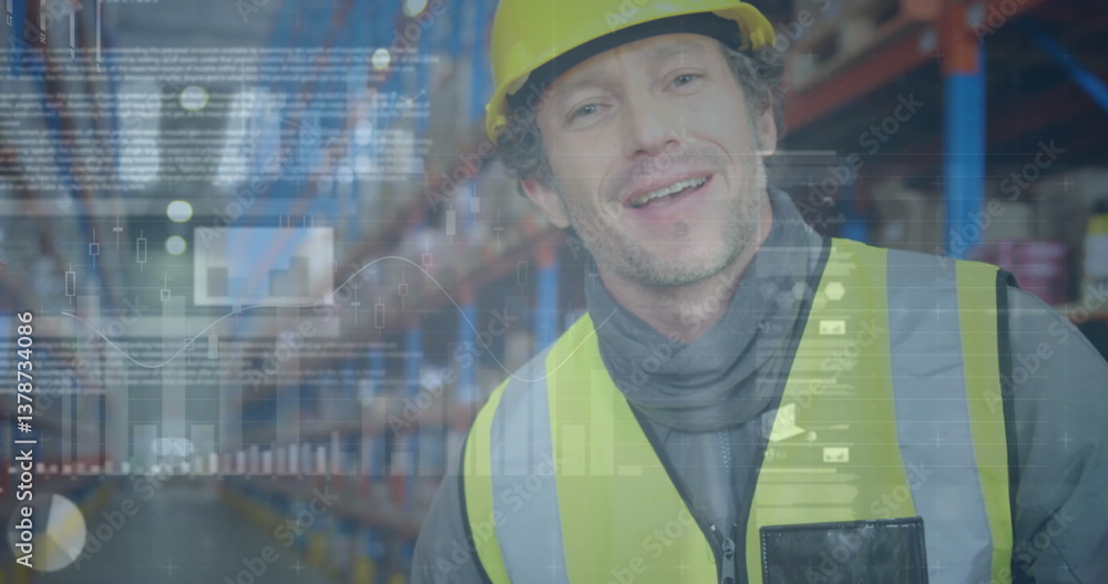 Poster image of statistics and financial data processing over man working in warehouse
