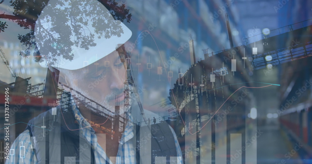 Poster image of statistics and financial data processing over man working in warehouse