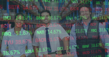 Image of financial data processing over men and woman working in warehouse