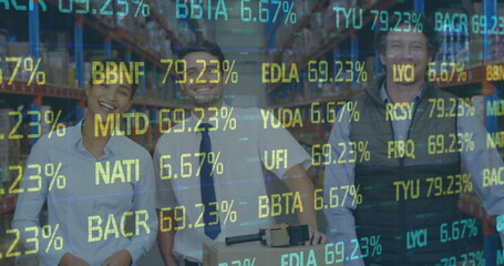 Image of financial data processing over men and woman working in warehouse