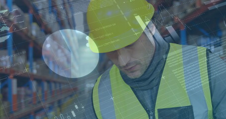 Image of statistics and financial data processing over man working in warehouse