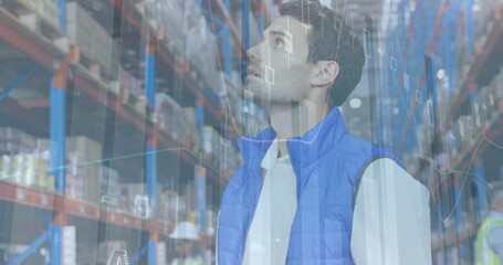 Image of statistics and financial data processing over man working in warehouse