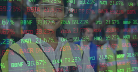 Image of statistics and financial data processing over woman working in warehouse