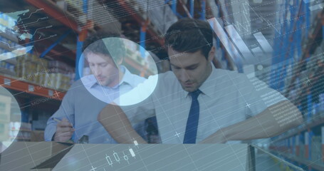 Image of statistics and financial data processing over men working in warehouse