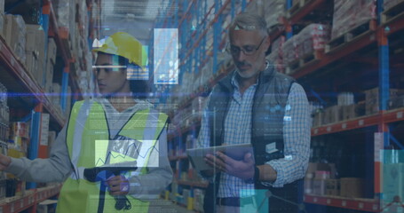 Image of statistics and financial data processing over man and woman working in warehouse