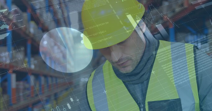 Image of statistics and financial data processing over man working in warehouse