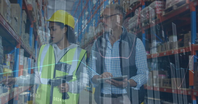 Image of statistics and financial data processing over man and woman working in warehouse