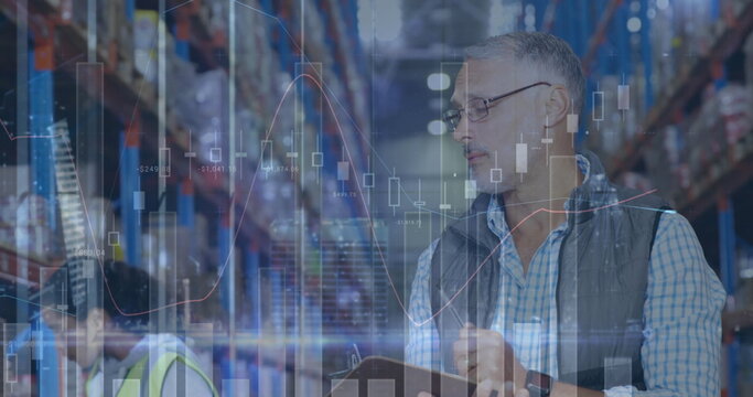 Image of statistics and financial data processing over man and woman working in warehouse