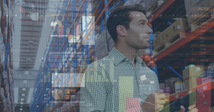 Image of statistics and financial data processing over man working in warehouse