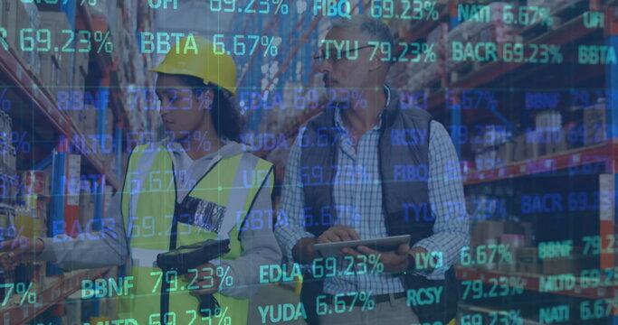 Image of statistics and financial data processing over man and woman working in warehouse