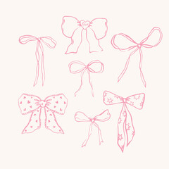 A set of bows featuring outline icons with elegant ribbons and ties. Hand-drawn style stickers representing wedding and birthday party decorations. Isolated cartoon flat vector design.