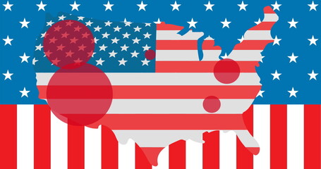 Image of usa map coloured in american flag over american flag