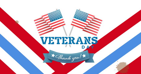 Image of veterans day thank you text over american flag stripes