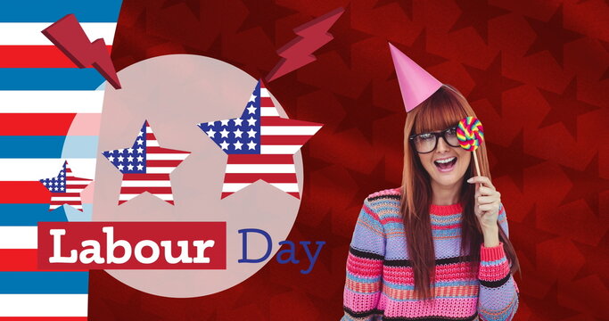 Image of labour day text and woman over american flag stars and stripes