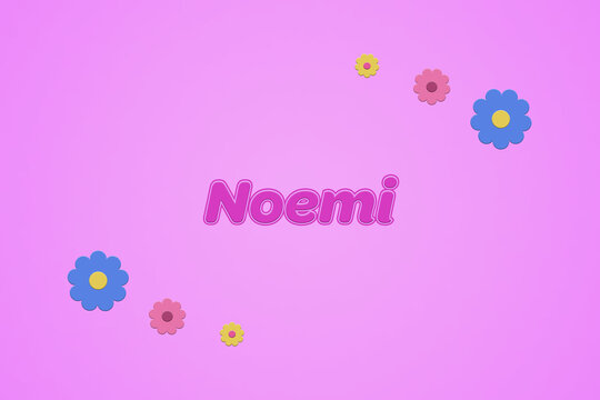 Noemi female girl name illustration in pink with blossoms, flowers