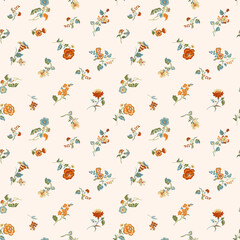 Seamless Millefleurs Floral Pattern with Small Hand-Drawn Flowers in Liberty Style. Vintage Spring Bouquet Design for Fashion Prints. Vertical floral wallpaper