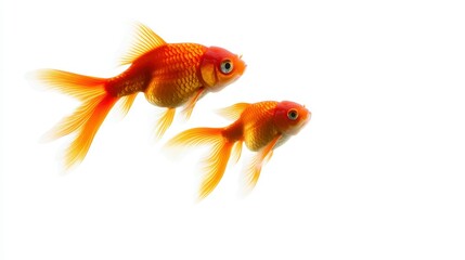 Fototapeta premium Goldfish Duo: A pair of vibrant orange goldfish swim gracefully, their elegant fins and scales highlighted in a studio shot. Capturing the beauty of aquatic life in a visual feast.