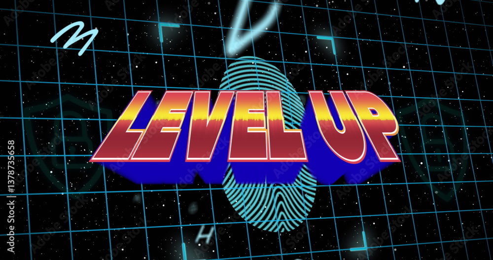 Poster image of level up text over fingerprint and letters on black background