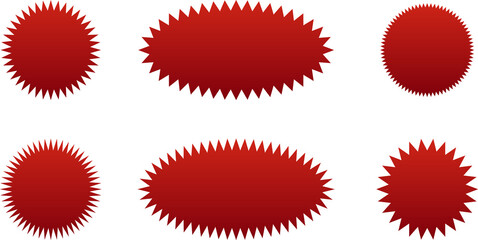 Starburst red sticker set - collection of special offer sale oval and round shaped sunburst labels and badges. Promo stickers with star edges.