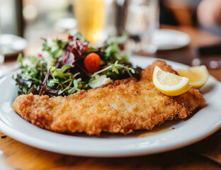 Golden Fried Schnitzel with Crunchy Coating, Paired with Creamy Mashed Potatoes and Fresh Vegetables