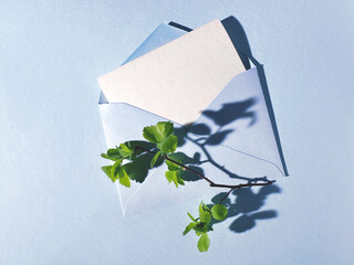 Minimalistic composition of a blue envelope with a blank white card and a green branch casting a...