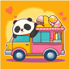 Panda on ice cream truck, vector illustration.