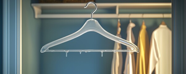 A clear plastic hanger hangs in a spacious closet, showcasing neatly organized clothing items in soft, muted tones.
