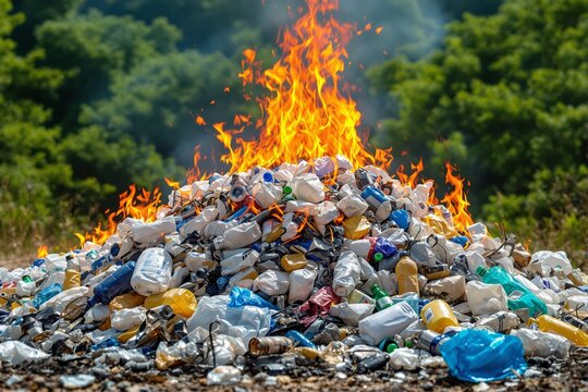 A large pile of assorted plastic waste is burning with bright flames in a natural outdoor setting, with green trees in the background. Concept of pollution. Ai generative