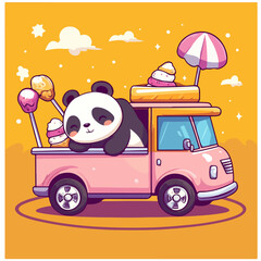 Panda on ice cream truck, vector illustration.