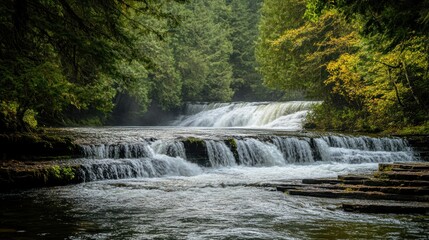 Obraz premium Cascading river with small waterfalls amidst verdant woodland scenery and natural formations