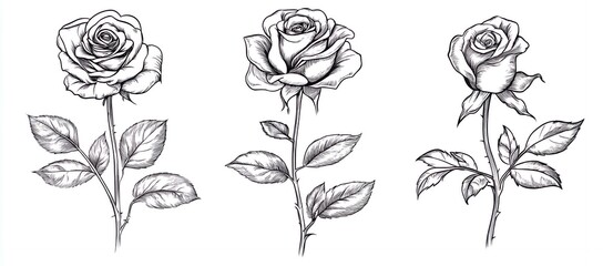 Elegant Trio of Monochrome Roses: Detailed Botanical Line Art Drawings of Roses