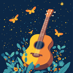There are butterflies around the guitar and vector illustrations.