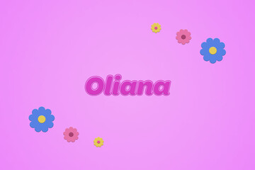 Oliana female girl name illustration in pink with blossoms, flowers