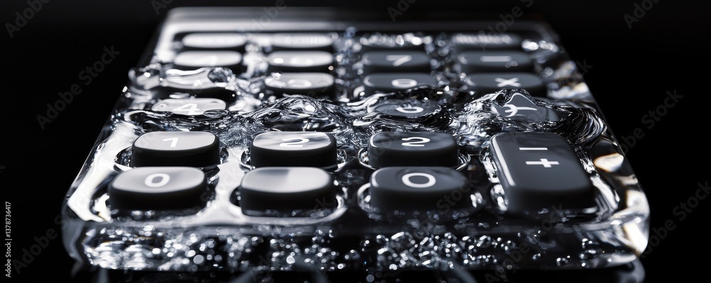 Poster a close-up of a calculator submerged in water, showcasing the intricate details of the buttons and w