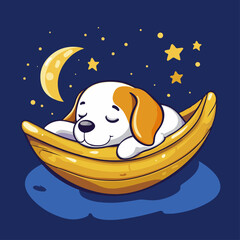 A puppy sleeping on a boat, vector illustration.