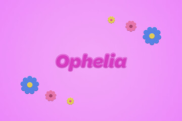Ophelia female girl name illustration in pink with blossoms, flowers