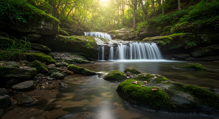 Fototapeta premium Serene Moss-Draped Waterfall in Sun-Dappled Forest